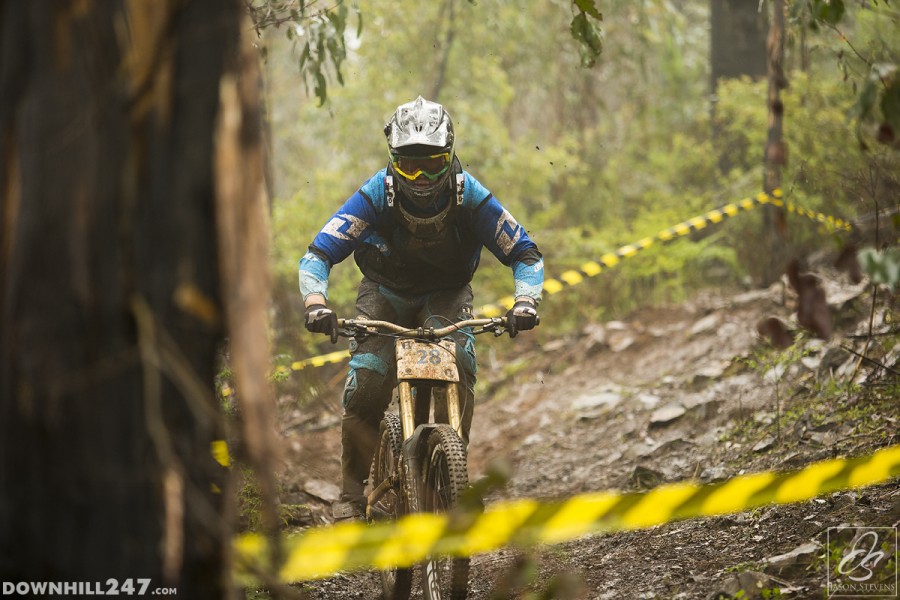 Welcome to VicDH Round 2! Angus Jackson makes his way through the low cloud, which settled on the top sections of the track.